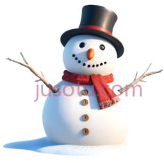 雪人,卡通,白色身体,红色围巾,纽扣,橙色鼻子,黑色帽子PNG