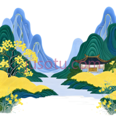 山,河流,房屋,花朵,中国水墨画,蓝色,绿色,黄色,白色PNG