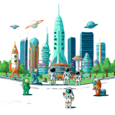宇航员,火箭,城市建筑,卡通,未来主义,蓝色,绿色PNG