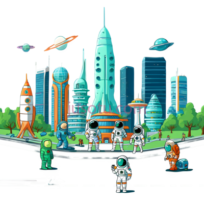 宇航员,火箭,城市建筑,卡通,未来主义,蓝色,绿色, PNG
