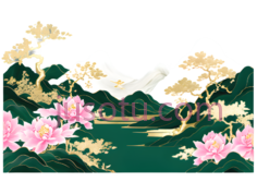 山水画,传统水墨画,绿色,粉色,金色PNG