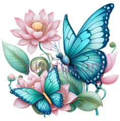 蝴蝶,莲花,插画,蓝色,粉色PNG