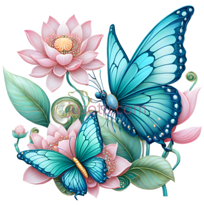 蝴蝶,莲花,插画,蓝色,粉色, PNG