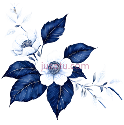 花朵,叶子,插画,蓝色,白色, PNG