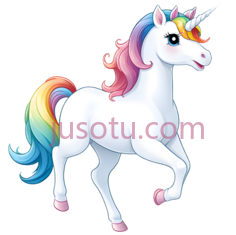 独角兽,卡通,白色身体, 多彩鬃毛,尾巴PNG