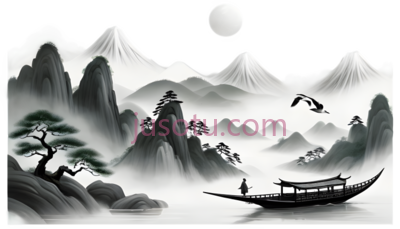 山水,雾,山峰,河流,飞鸟,松树,渔夫,船只,风景, PNG