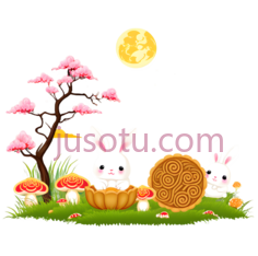 兔子,树,月亮,蘑菇,卡通,白色,粉色,黄色,橙色PNG