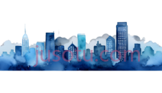 城市天际线,水彩画,蓝色PNG