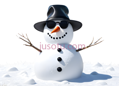 雪人,戴着黑色礼帽,墨镜,白色身体, 黑色帽子, 橙色鼻子, PNG