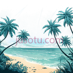 椰子树,沙滩,海浪,插画,蓝色, 绿色, 米黄色PNG