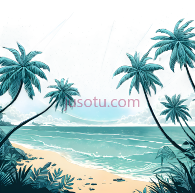 椰子树,沙滩,海浪,插画,蓝色, 绿色, 米黄色, PNG