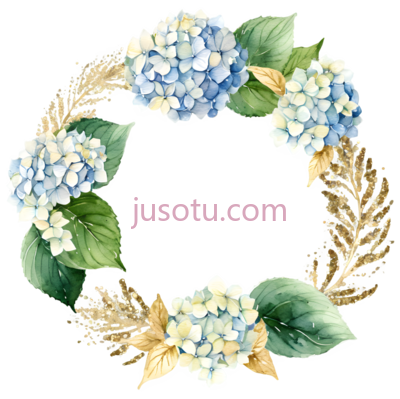绣球花,水彩画,蓝色,绿色,金色, PNG