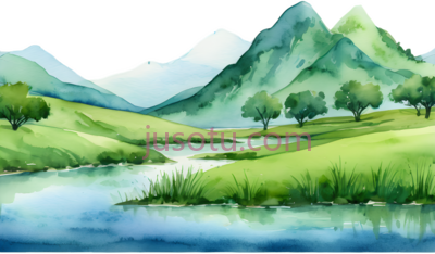 湖泊,山脉,树木,水彩画,绿色,蓝色,白色, PNG