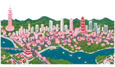 城市景观,卡通,粉色,绿色,蓝色PNG