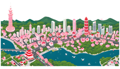 城市景观,卡通,粉色,绿色,蓝色, PNG