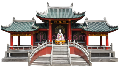 寺庙,中式建筑,绿色屋顶, 红色墙壁, PNG