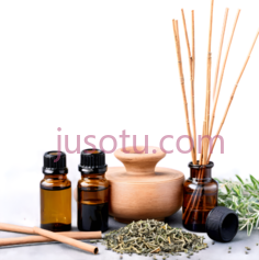 香薰精油瓶,陶瓷罐,香薰棒,植物叶片,现代,自然质朴,自然清新,绿色PNG