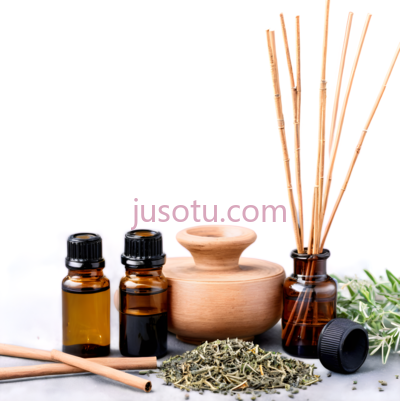 香薰精油瓶,陶瓷罐,香薰棒,植物叶片,现代,自然质朴,自然清新,绿色, PNG