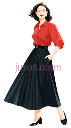 女性,休闲,红色上衣, 黑色裙子PNG