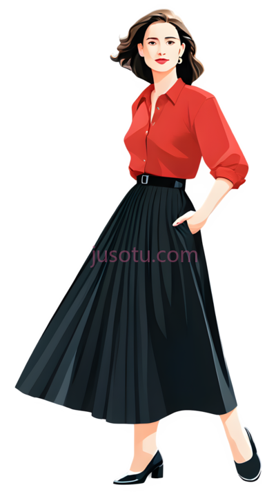 女性,休闲,红色上衣, 黑色裙子, PNG