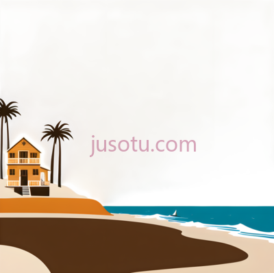 房子, 海滩, 棕榈树,插画,棕色, 蓝色, 白色, PNG