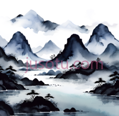 山水画,水墨画,黑色,白色,蓝色PNG