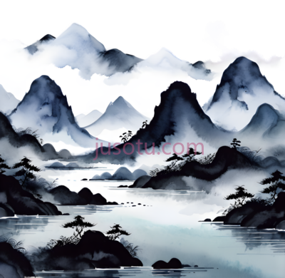 山水画,水墨画,黑色,白色,蓝色, PNG