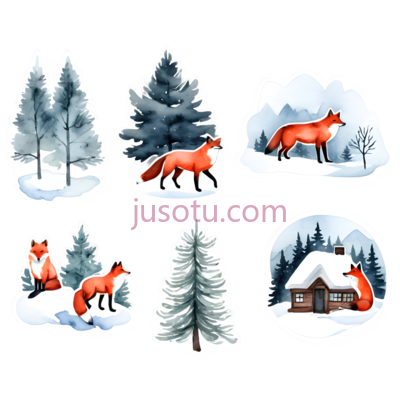 冬季,圣诞树,狼,狐狸,雪林, PNG
