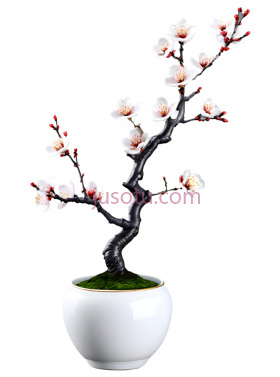 梅花,盆栽,白色花朵,深色树枝, PNG