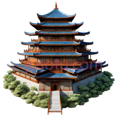 多层塔,中式建筑,蓝色屋顶,红色墙壁PNG