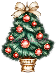 圣诞树,插画,绿色,红色,金色PNG