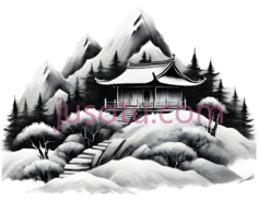 山,建筑,水墨画,黑白PNG