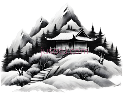 山,建筑,水墨画,黑白, PNG