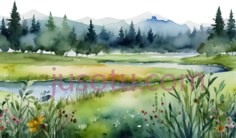 湖泊, 山脉, 树木, 花朵,水彩画,绿色, 白色, 蓝色, 黄色PNG