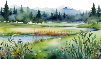 湖泊, 山脉, 树木, 花朵,水彩画,绿色, 白色, 蓝色, 黄色, PNG