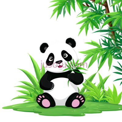 卡通熊猫,绿色森林, PNG