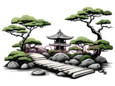 小桥,石头,树木,凉亭,水墨画,绿色,灰色,白色PNG