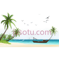 海滩,椰树,鱼船,海洋,鸟儿PNG