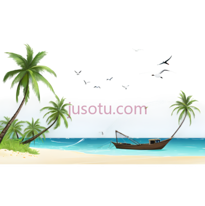海滩,椰树,鱼船,海洋,鸟儿, PNG