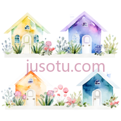 房子,水彩画,蓝色PNG