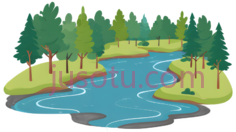 河流, 树木,卡通,绿色, 蓝色PNG