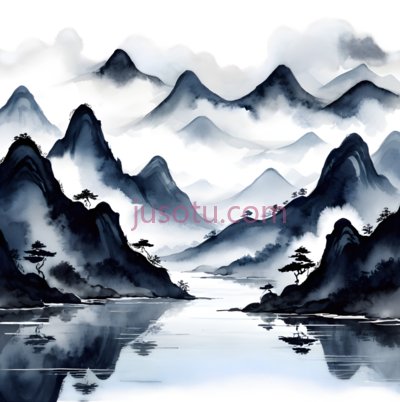 山水画,水墨画,黑色,白色, PNG