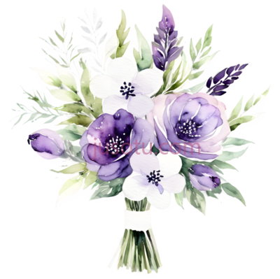 花束,水彩画,紫色,白色, PNG