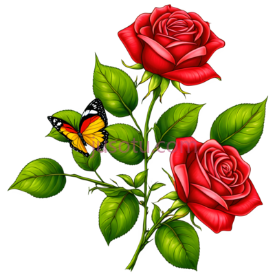 玫瑰,蝴蝶,插画,红色,黄色,绿色, PNG