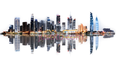 城市天际线,现代都市,蓝色,白色,黄色, PNG