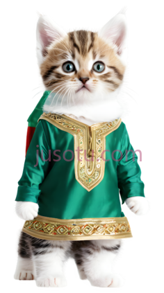 猫,穿着绿色带有金色花纹的衣服,白色,棕色相间的毛皮PNG