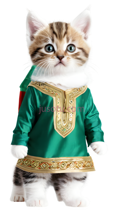 猫,穿着绿色带有金色花纹的衣服,白色,棕色相间的毛皮, PNG