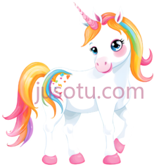 独角兽,卡通,白色身体, 多彩鬃毛,尾巴PNG