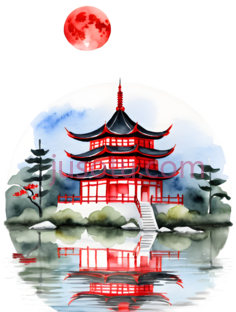 亭子,水墨画,红色,蓝色,白色PNG