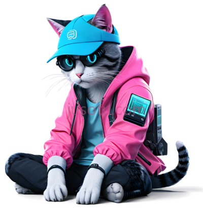 猫,卡通,蓝色帽子,粉色外套,黑色裤子, PNG